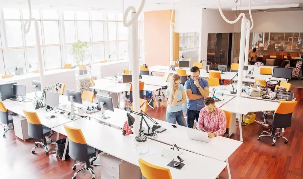 open plan workspace with desks and computer workstations open plan workspace with desks and computer workstations