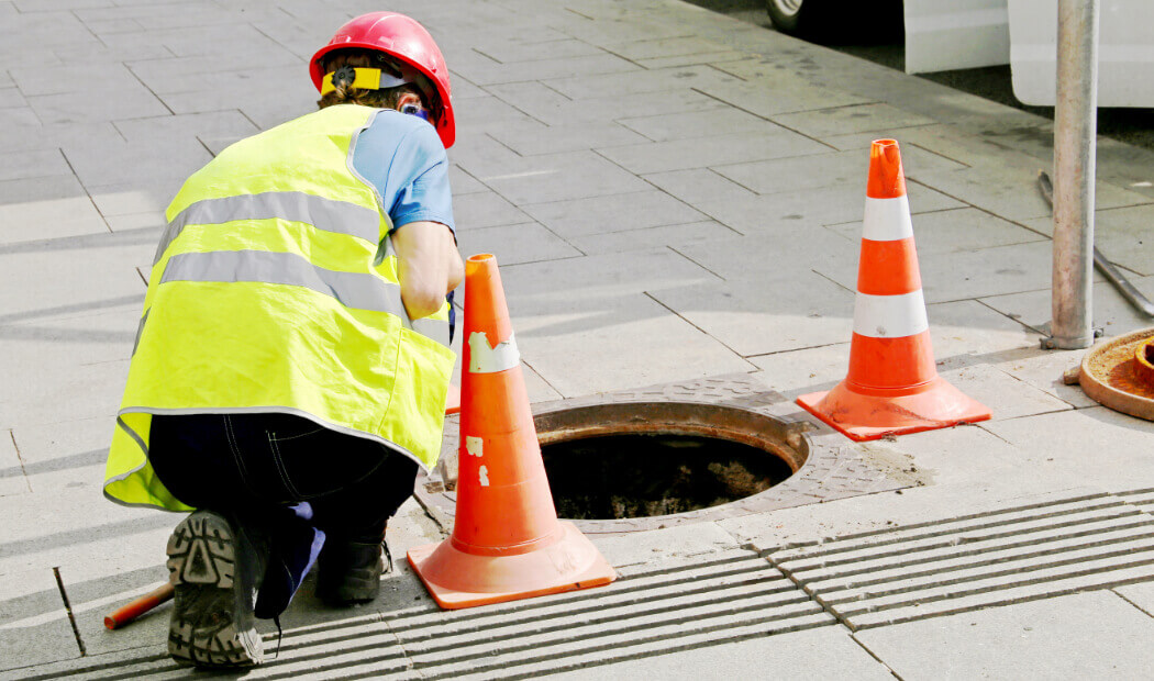 utilities worker in PPE looking down an open manhole cover